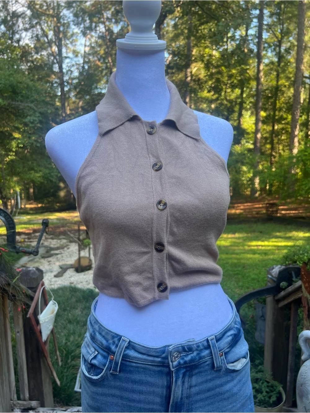 All The Ways Halter Top Medium Brown Collared Button Front Y2K Crop
